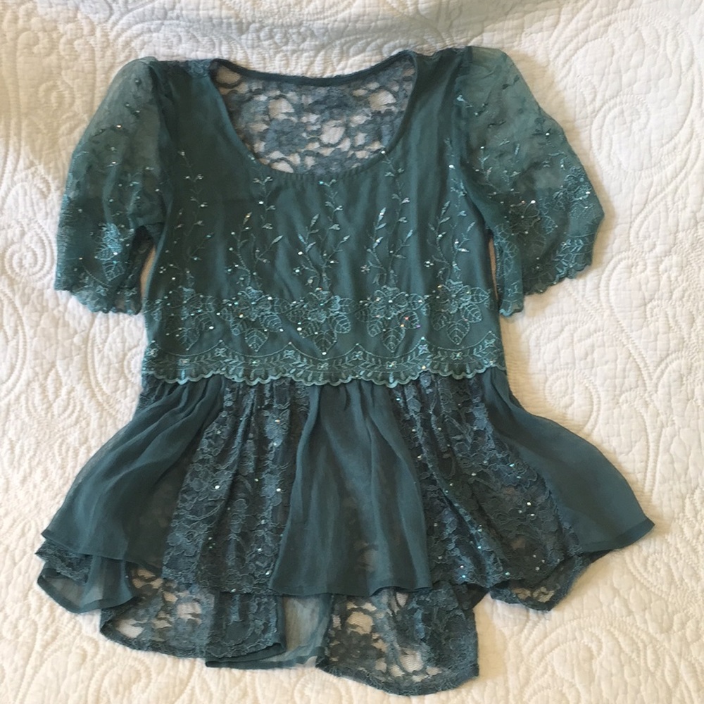 Free People Teal Lace Top